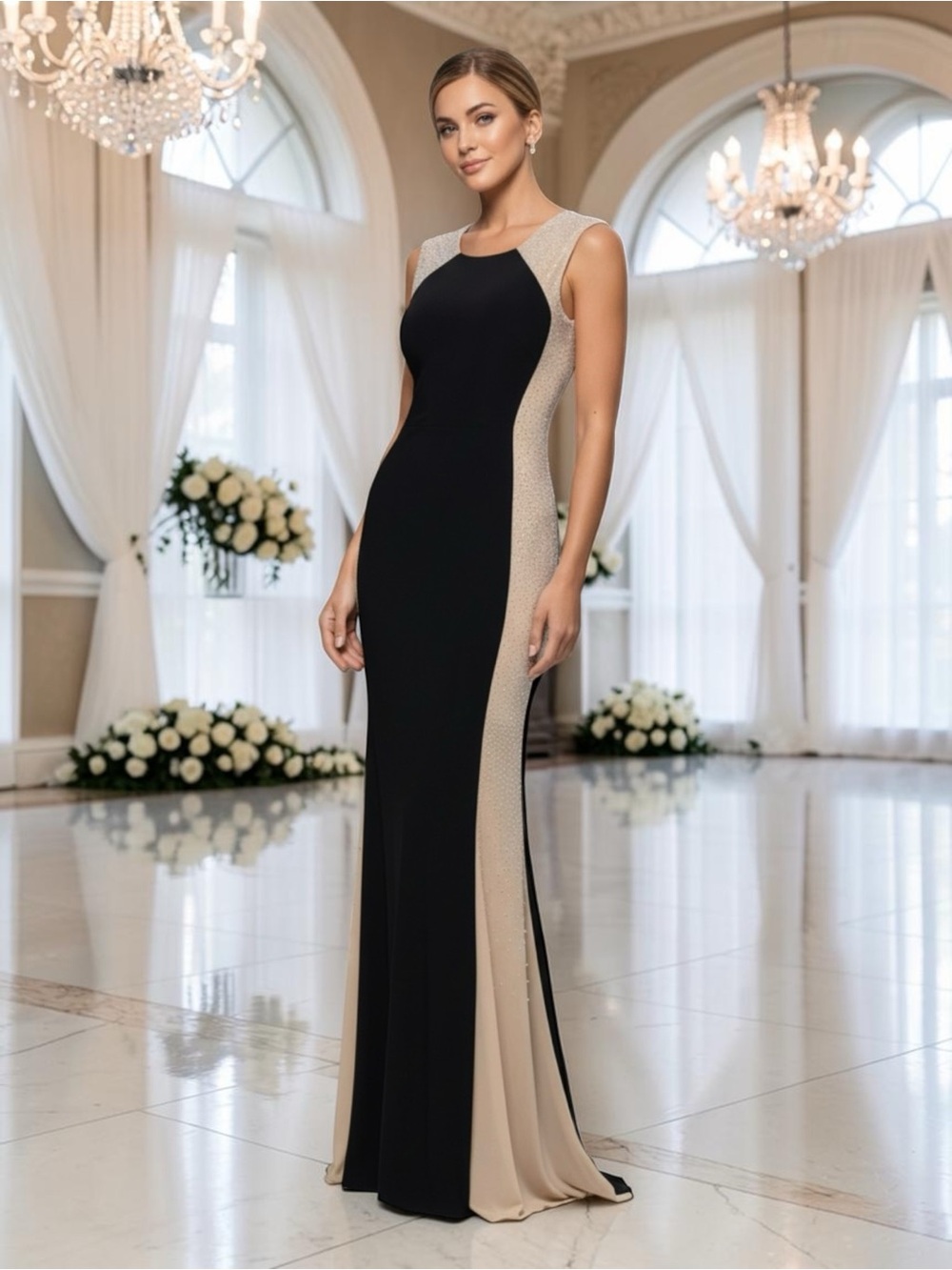 NWT XSCAPE Madison Embellished Beaded Gown Black Cream Size 6